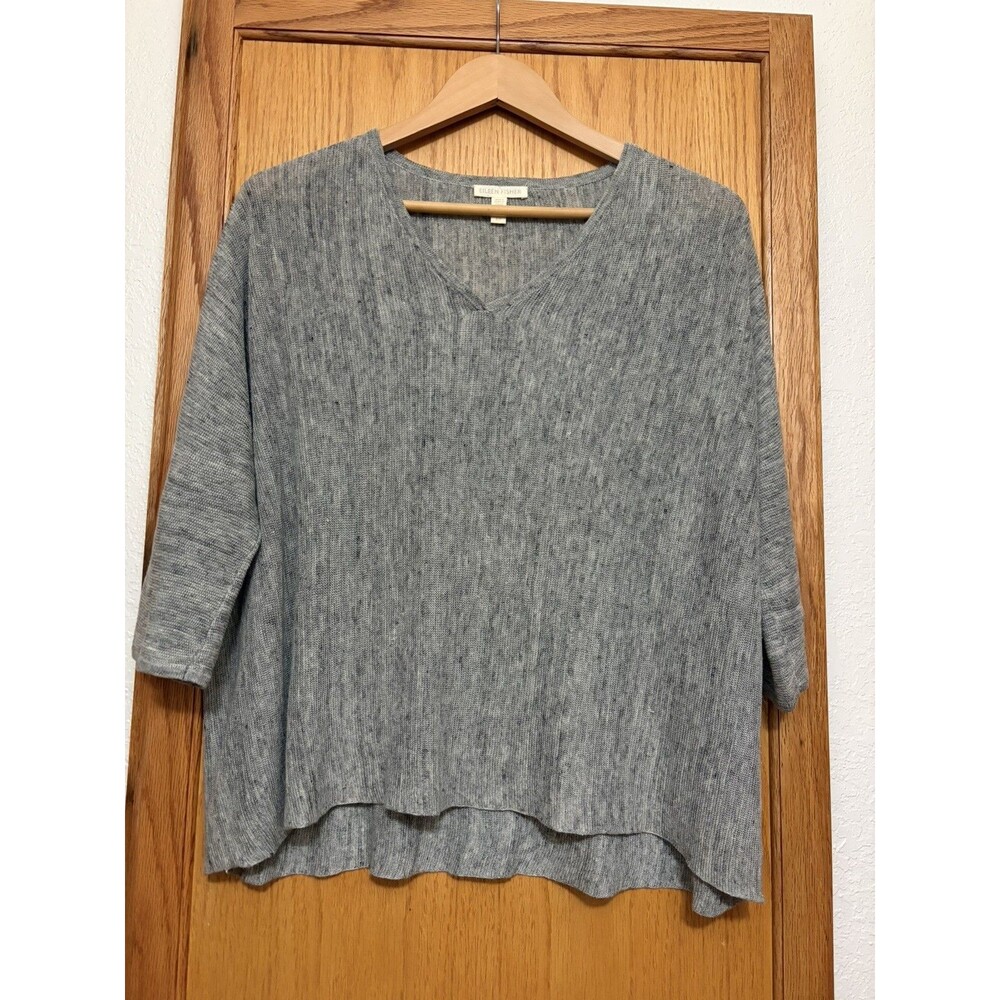 EILEEN FISHER 100% Linen Slub Knit V-Neck Boxy 3/4 Sleeve Top Sweater Small